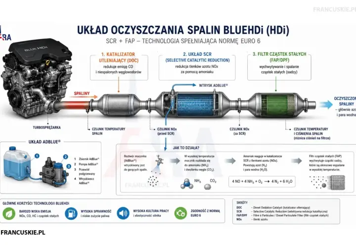 Schemat układu oczyszczania spalin w silniku 1.9 TDI BlueHDi: katalizator DOC, SCR z wtryskiem AdBlue i filtr FAP.