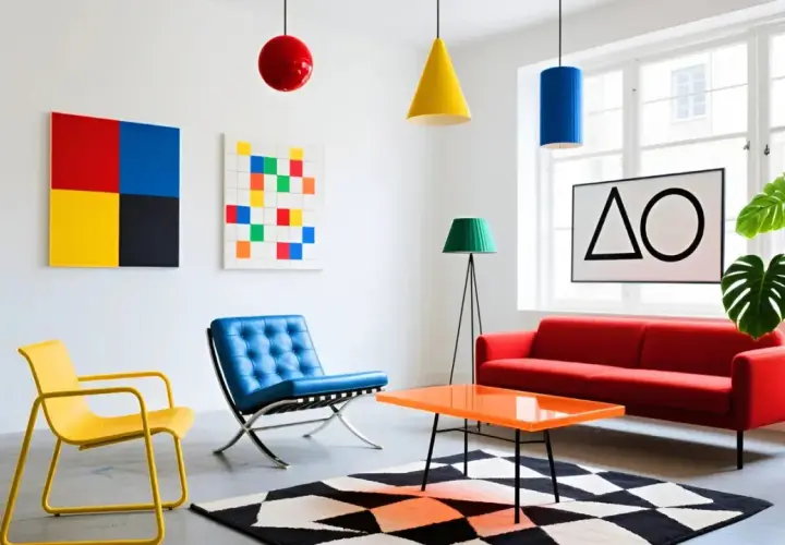 Ein Wohnzimmer mit ikonischer Bauhaus Einrichtung: gelber Stuhl, blaue Ledercouch, rotes Sofa, geometrische Kunst und bunte Lampen.