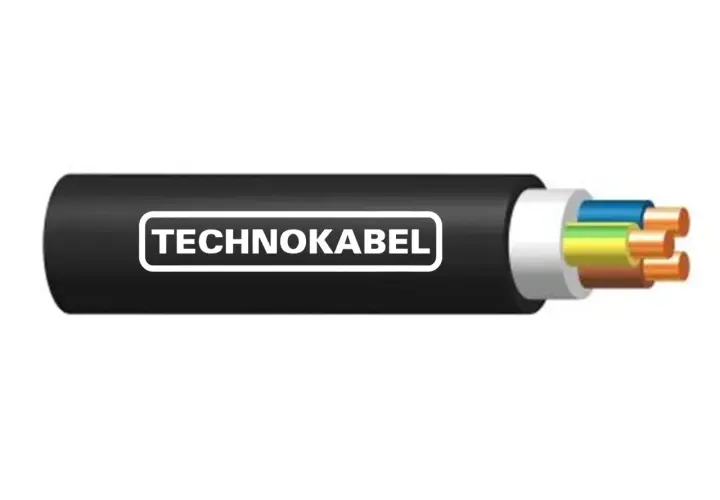 Przekrój kabla Technokabel z widocznymi żyłami w izolacjach: niebieskiej, żółto-zielonej i brązowej.