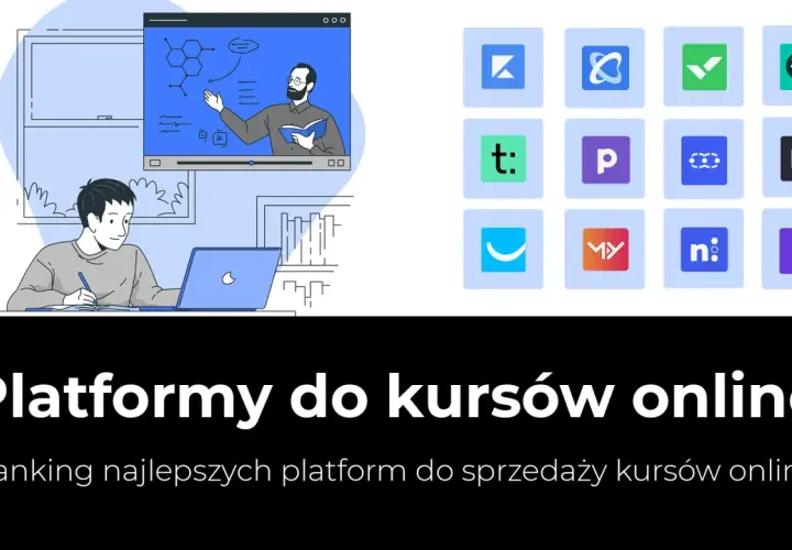 Ilustracja przedstawia studenta korzystającego z laptopa, który jest częścią darmowej platformy do tworzenia kursów online. Obok widnieje siatka z logotypami różnych narzędzi edukacyjnych.