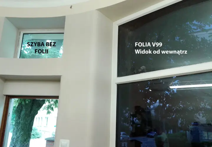 Okno weneckie z folią V99, widok od wewnątrz. Obok szyba bez folii, przez którą widać drzewo.