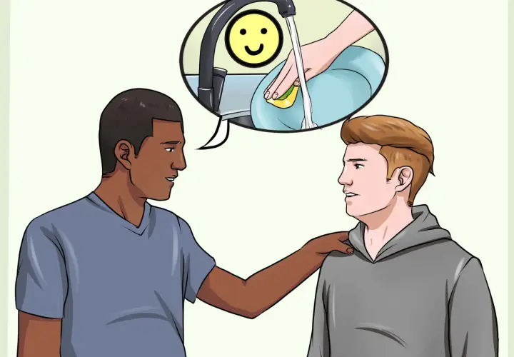 Un uomo consola un amico, suggerendo che le persone frustrate sono pericolose. La nuvoletta mostra un piatto pulito e un sorriso.
