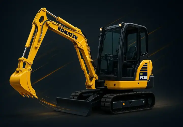 Żółta koparka Komatsu PC16 gotowa do pracy na budowie, z wysuniętym ramieniem i łyżką.