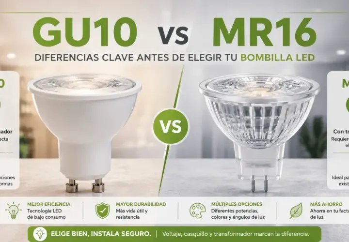 Comparativa de focos led GU10 y MR16. El GU10 es 230V sin transformador, ideal para reformas. El MR16 es 12V con transformador.