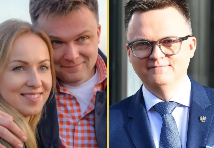 Szymon Hołownia z żoną i w garniturze.