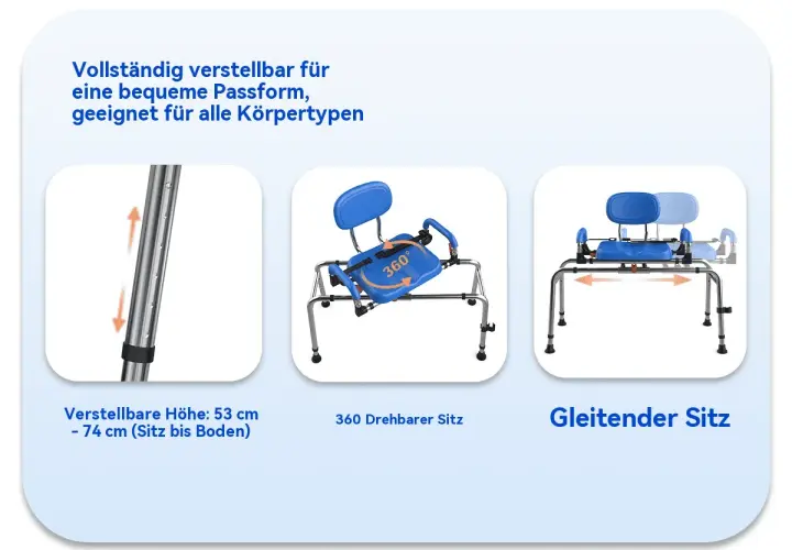 Duschstuhl Senioren Test: Verstellbare Höhe, 360° drehbarer und gleitender Sitz für Komfort und Sicherheit.