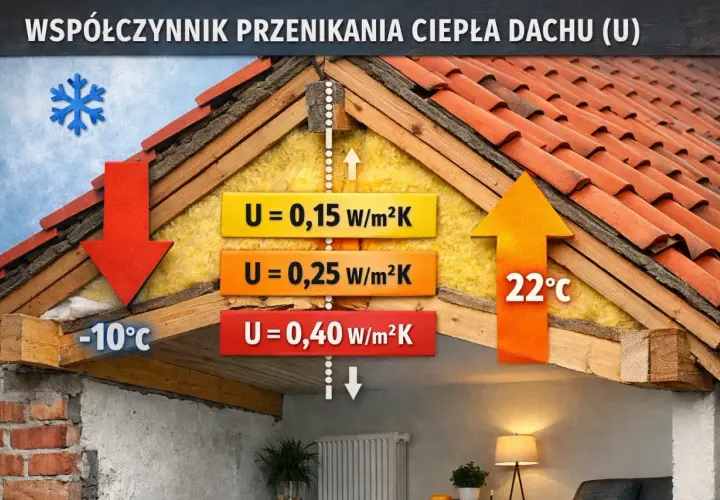 Przekrój dachu ilustruje współczynnik przenikania ciepła (U). Różne wartości U (0,15, 0,25, 0,40 W/m²K) pokazują izolację termiczną.