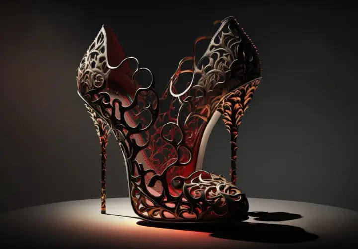 Escarpin spectaculaire aux motifs complexes, une œuvre d'art issue de l'impression 3D textile, alliant élégance et technologie.