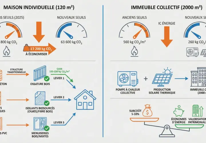Comparaison des émissions de CO₂ pour une re2020 maison individuelle et un immeuble collectif. Réduction des seuils de CO₂ grâce à des matériaux et systèmes plus écologiques.