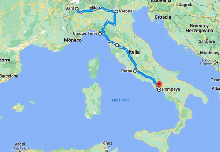 Carte d'un itinéraire en camping-car en Italie du Nord, de Bard à Pompéi, passant par Milan, Vérone, Cinque Terre et Rome.