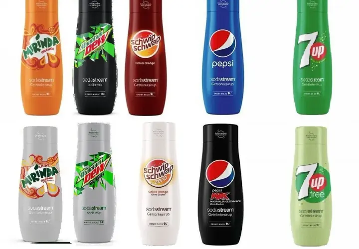 Butelki z syropami SodaStream: Mirinda, Mountain Dew, Schwip Schwap, Pepsi, 7UP w różnych smakach i wersjach.