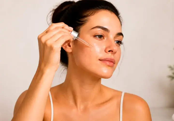 Mujer aplicando suero facial con gotero, disfrutando de los beneficios del retinol para una piel radiante y rejuvenecida.