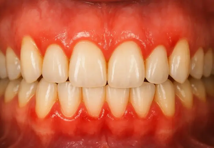 Gengive gonfie e arrossate, un segno di gengivite gravidica. Denti bianchi e sani, ma le gengive richiedono attenzione.