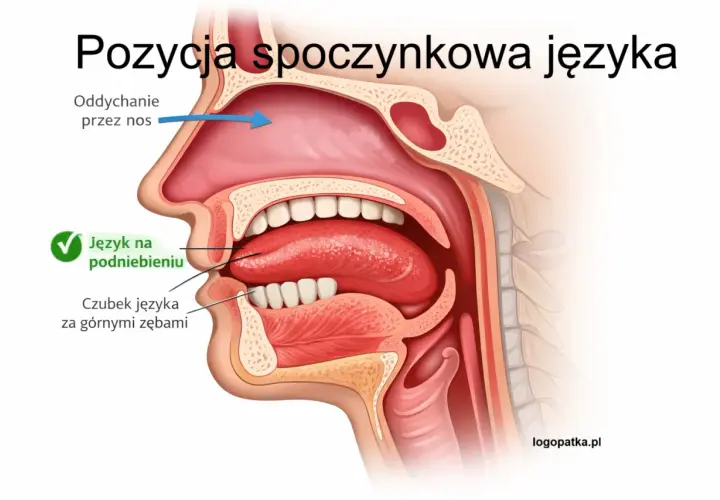 Anatomia języka w pozycji spoczynkowej: język na podniebieniu, czubek za zębami, oddychanie przez nos.
