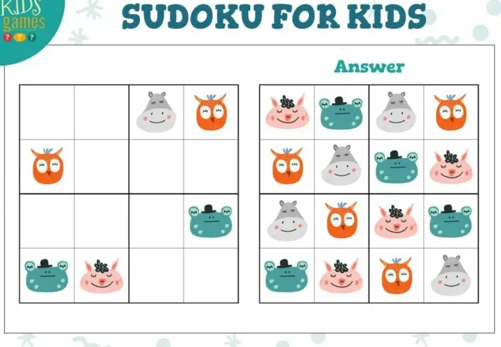 Urocze sudoku obrazkowe dla dzieci z sowami, hipopotamami, świnkami i żabkami. Rozwiąż zagadkę, dopasowując zwierzątka.
