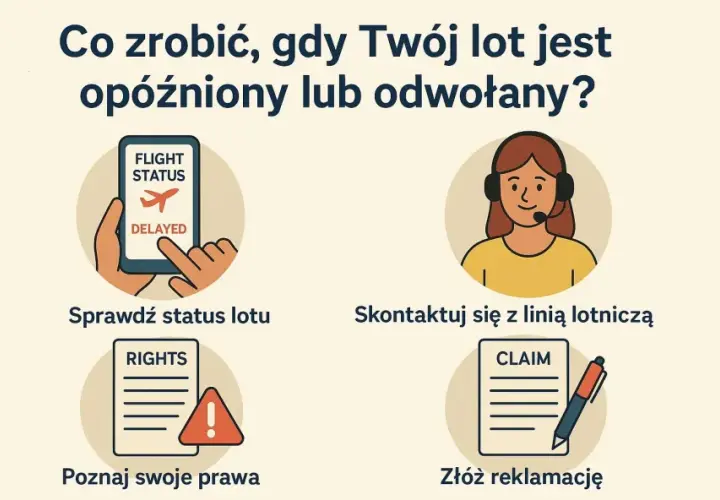 Sprawdź status lotu, skontaktuj się z linią lotniczą, poznaj swoje prawa i złóż reklamację, aby uzyskać odszkodowanie za odwołany lot.