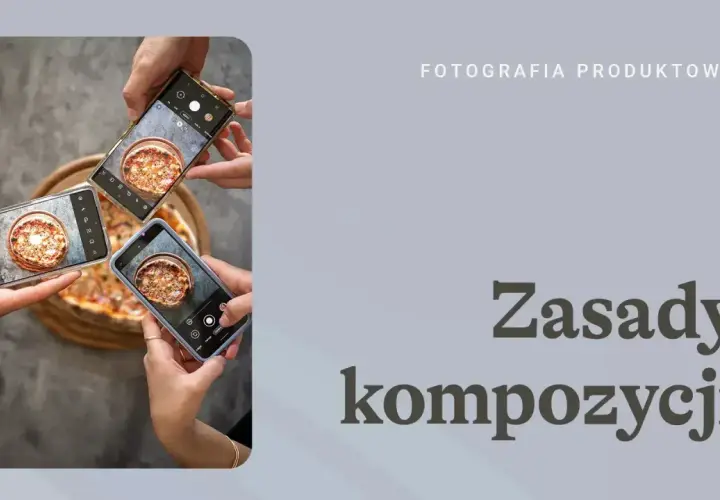 Trzy dłonie trzymają telefony, fotografując pizzę. Kompozycja z wykorzystaniem złotego podziału wzoru.
