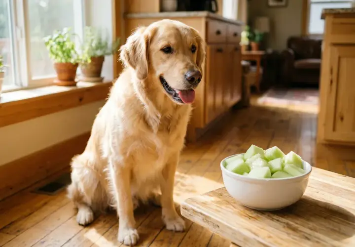 A golden retriever sits patiently, eyeing a bowl of honeydew melon cubes, wondering if dogs can eat honeydew.