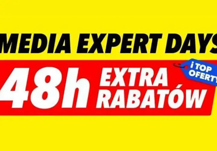 Napis "Media Expert Days" i "48h Extra Rabatów" na czerwonym tle z niebieską etykietą "Top Oferty".