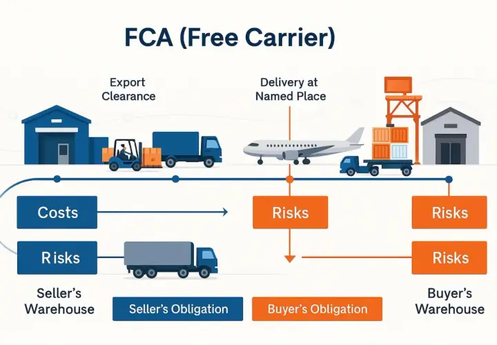 FCA (Free Carrier): Veranschaulicht, was ein Carrier ist. Kosten und Risiken des Verkäufers enden bei Übergabe an den Carrier. Käufer übernimmt ab dann.