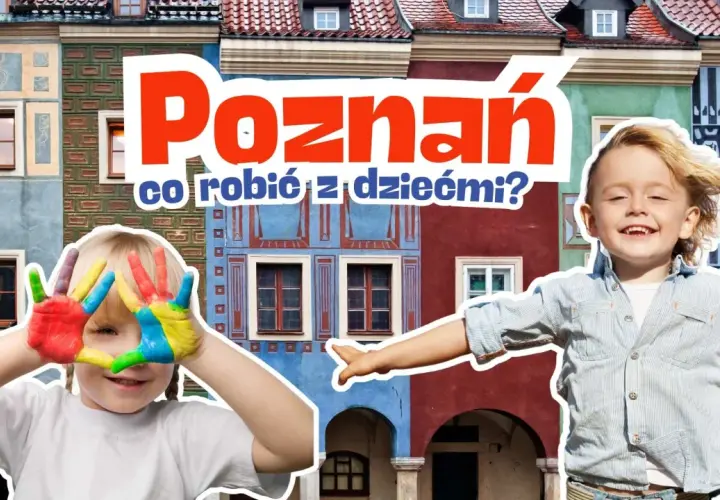 Radosne dzieci malują rękami tęczę na tle kolorowych kamieniczek. Poznań z dziećmi to świetna zabawa!