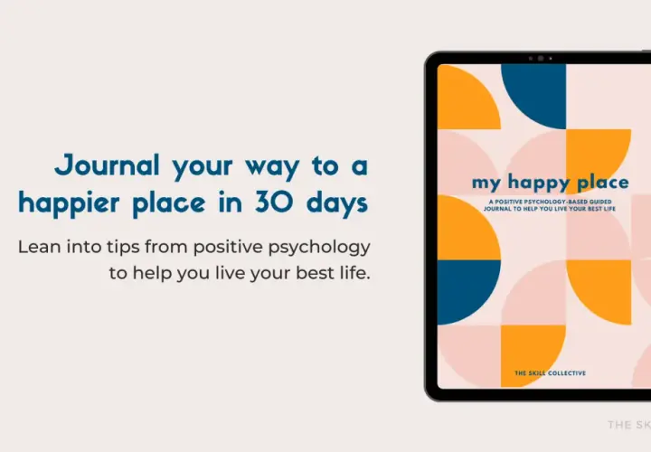 Tablet displaying "my happy place" journal, a positive psychology-based guide. Text promotes journaling for happiness.