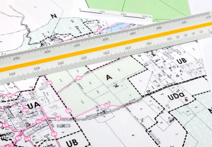 Plan zagospodarowania przestrzennego dla działki "A" z zaznaczonymi granicami i numeracją. Linijka geodezyjna pomaga w analizie.