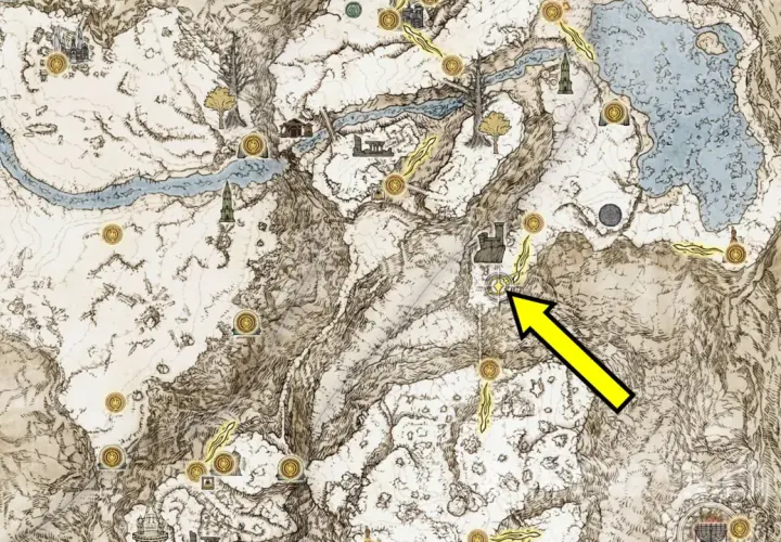 Mapa Elden Ring: Popioły Wojny. Żółta strzałka wskazuje drogę do lokacji w śnieżnych górach.