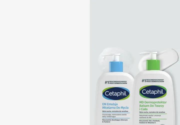 Dwa produkty Cetaphil: emulsja micelarna i balsam do twarzy i ciała, rekomendowane przez dermatologów.