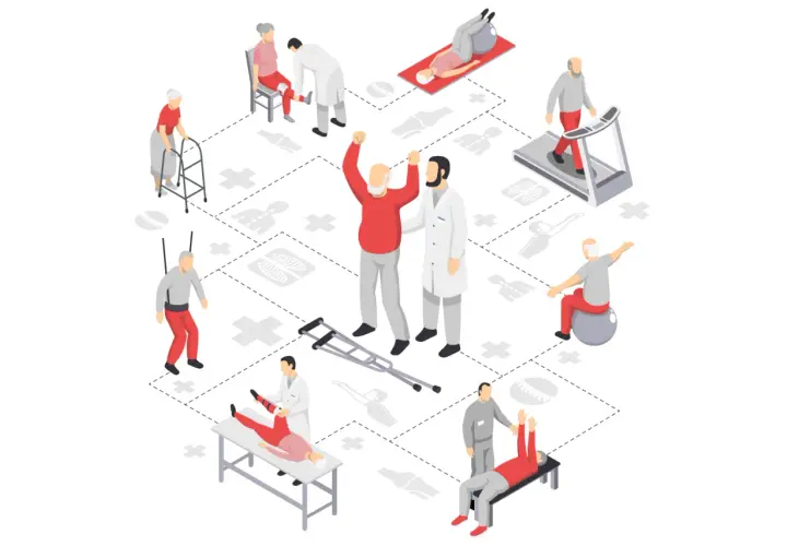 Ilustracja izometryczna przedstawiająca rehabilitację seniorów: ćwiczenia, fizjoterapia, sprzęt.