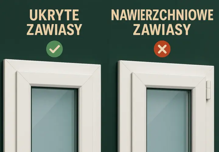 Porównanie okien: po lewej ukryte zawiasy, po prawej widoczne, nawierzchniowe zawiasy.