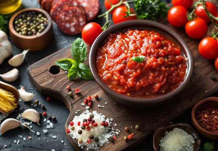 Un bol de sauce tomate épicée, parfaite pour accompagner des pâtes ou une pizza. Des tomates fraîches, de l'ail, du basilic et des épices complètent cette scène culinaire.