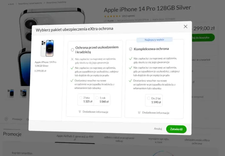 Wybierz ubezpieczenie iPhone 14 Pro. Pakiet eXtra ochrona obejmuje uszkodzenia i kradzież. Dostępne opcje na 1 lub 2 lata.