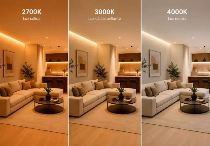 Salón moderno con sofá seccional beige y mesa de centro. Tres paneles muestran la misma escena con diferentes grados kelvin luz: 2700K (cálida), 3000K (cálida brillante) y 4000K (neutra).