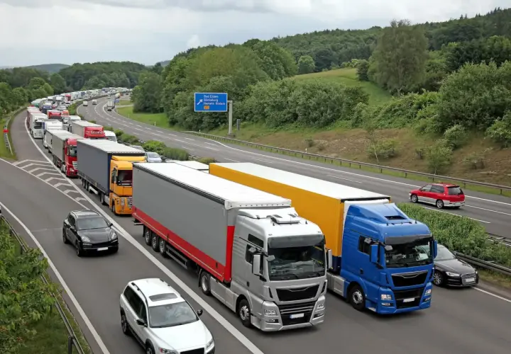 Lange Schlange von LKWs auf der Autobahn, ein Zeichen für das Ferienfahrverbot.
