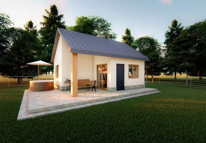 Uroczy dom 35m2 z bali, z tarasem, beczką do kąpieli i grillem, otoczony zielenią. Idealne miejsce na relaks.