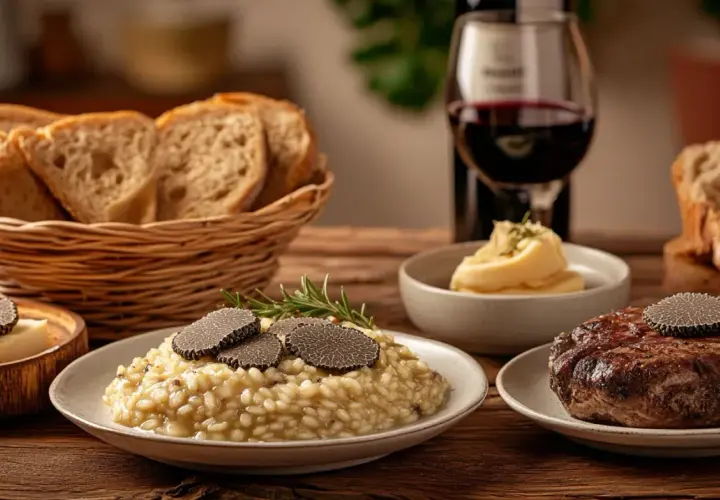 Un festin gastronomique avec un risotto crémeux, un steak savoureux et du pain frais, le tout sublimé par la truffe de Bourgogne.