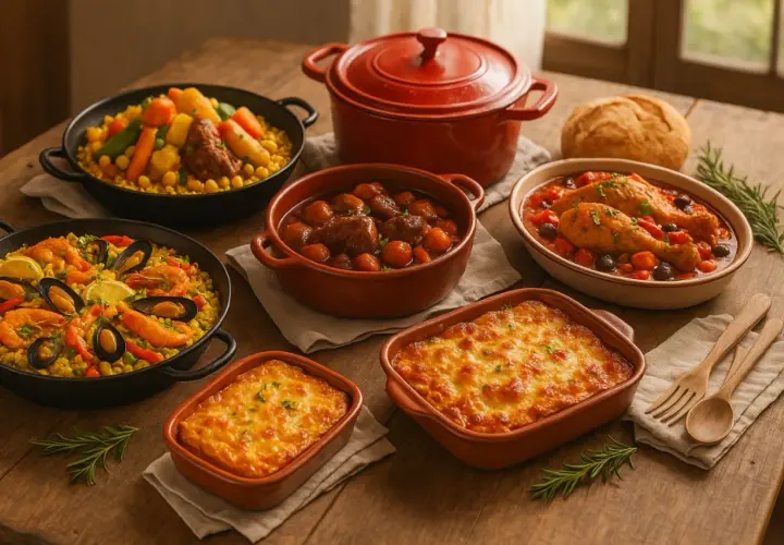 Un festin de mariage : paella, couscous, poulet chasseur, gratins et ragoût de bœuf.