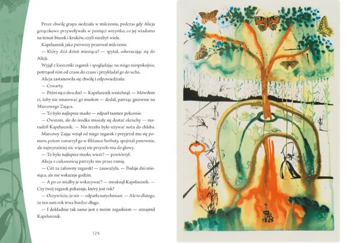 Surrealistyczny obraz z motywami z Alicji w Krainie Czarów: drzewo z motylami, klucz, filiżanki i zegar.