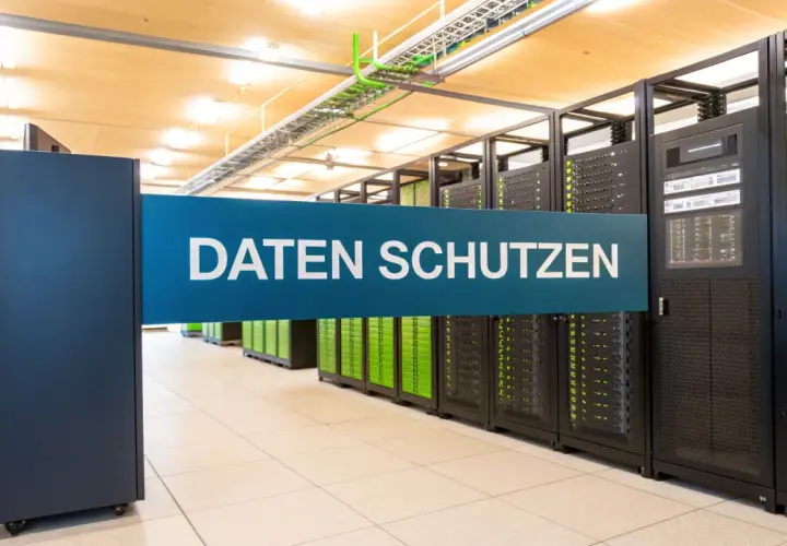 Serverraum mit dem Schild "DATEN SCHÜTZEN". Hier werden wichtige backup konzepte umgesetzt, um Datenverlust zu verhindern.