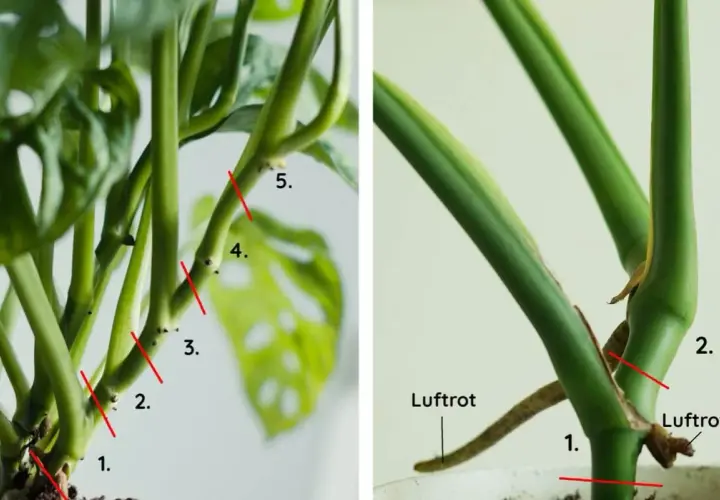 Två bilder visar hur man tar en monstera thai constellation stickling. Röda linjer markerar snitt. Luftrot syns tydligt.