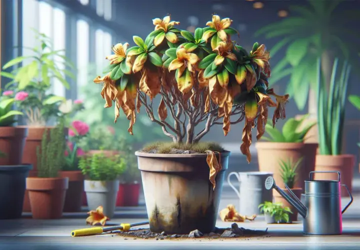 Un arbuste d'azalée aux feuilles sèches et jaunies, dans un pot abîmé, entouré d'autres plantes vertes. Un arrosoir et un outil de jardinage sont à proximité.