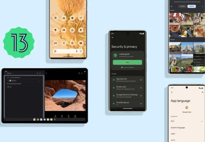 Zielony znak "13" obok telefonu z ikonami aplikacji i tabletu z widokiem na krajobraz. Android 13 oferuje nowe funkcje bezpieczeństwa i prywatności.