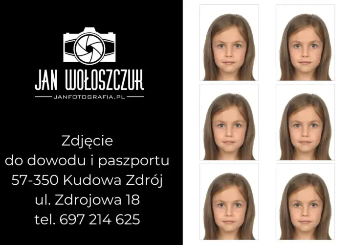 Sześć identycznych zdjęć dziewczynki do dokumentów na białym tle.