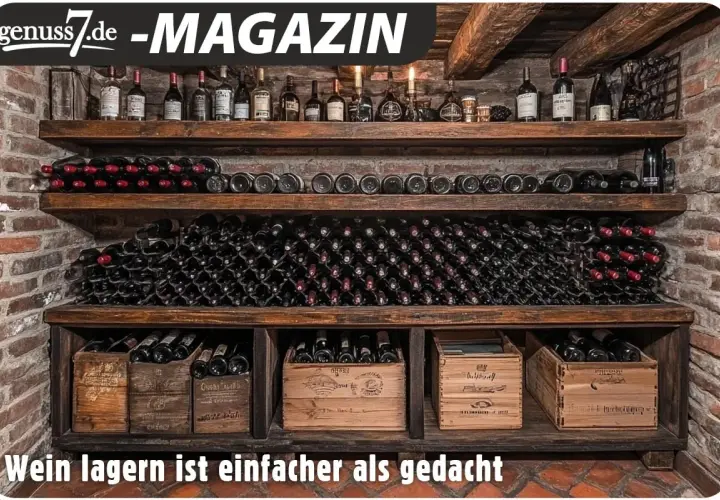 Holzregale mit zahlreichen Weinflaschen und Holzkisten. Die perfekte wein aufbewahrung für Genießer.