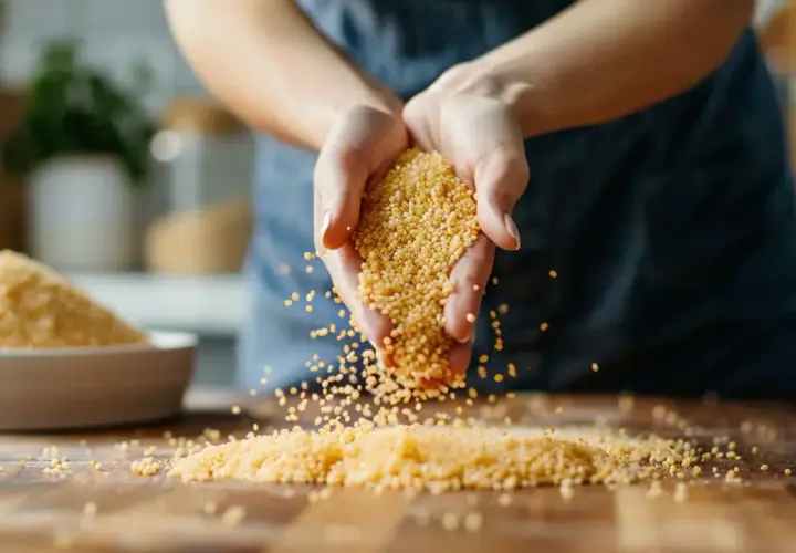 Dłonie rozsypują kaszę bulgur, która jest przetworzoną pszenicą. W tle miska pełna ziaren.