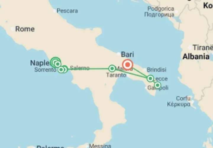 Map showing a route for 10 days in southern Italy, from Naples and Sorrento to Bari, Taranto, Lecce, and Gallipoli.