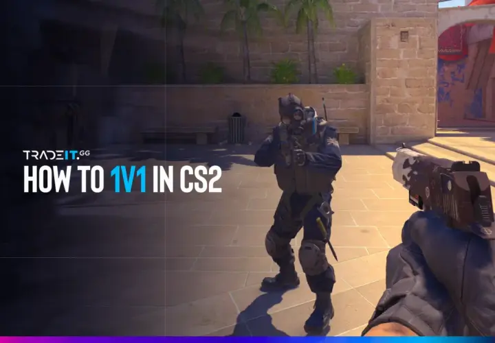 Gracz w CS GO online przygotowuje się do pojedynku 1 na 1. Widok z perspektywy pierwszej osoby na pistolet i przeciwnika w pełnym rynsztunku.