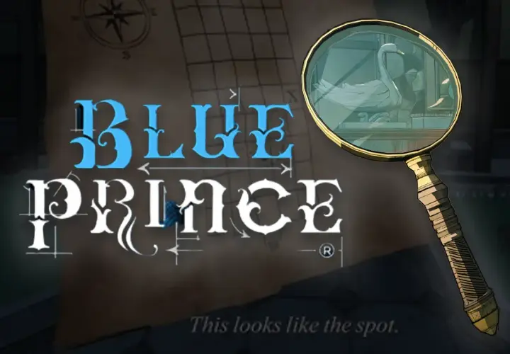 Mapa z napisem "BLUE PRINCE" i szkło powiększające, przez które widać łabędzia.