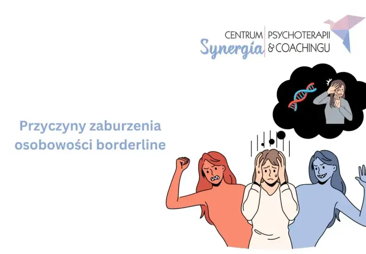 Ilustracja przedstawia trzy kobiety symbolizujące zmienne nastroje i emocje, a także myśl o DNA, sugerując przyczyny zaburzenia osobowości borderline.